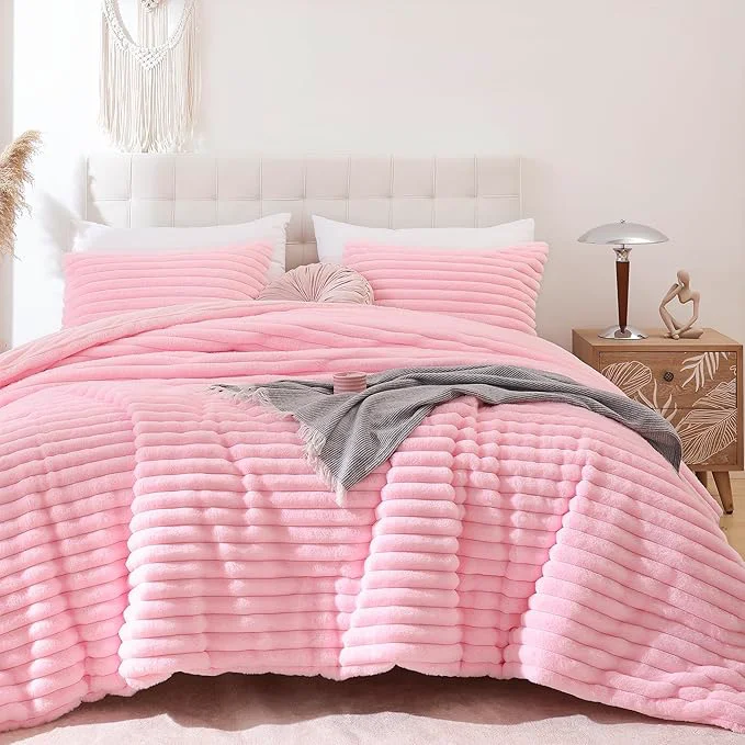 Advanced Smoofy Fluffy Twin Comforter Sets 2 Pieces - Pink Fleece Fluffy Comforter Set Luxury Fuzzy Twin Bedding Set Soft Twin Size Comforter All Season Heavy Faux Fur Comforter with Pillow Cases Trendy