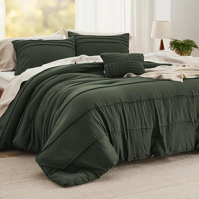 Modern Bedsure Full Comforter Set - 4 Pieces Pinch Pleat Bed Set Olive Green Boho Bedding for All Season 1 Soft Comforter 2 Pillowcases 1 Decorative Pillow Enhanced