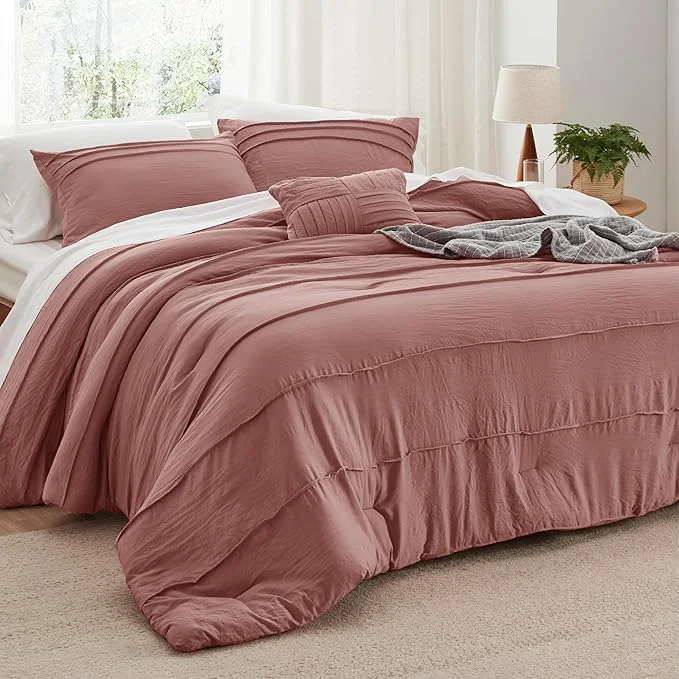 Detailed Bedsure Twin Comforter Set - 3 Pieces Pinch Pleat Bed Set Dusty Pink Boho Bedding for All Season 1 Soft Comforter 1 Pillowcase 1 Decorative Pillow Natural