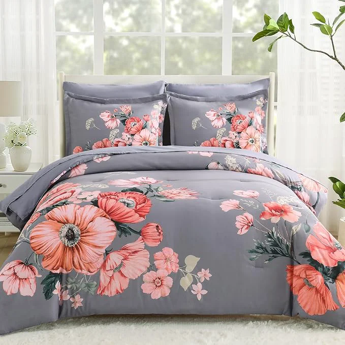 Flexible Queen Comforter Set - 7 Pieces Bed in a Bag Dark Grey Floral Queen Comforter Set with Sheets Soft Microfiber Flower Complete Bedding Set for All Seasons（Dark Grey 90 quot x90 quot ） Smart