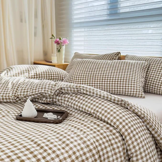 Prestigious NSNLGSGC Comforter Set King Size Tan Gingham Bedding Comforter Sets Brown Grid Bed Comforter 3 Pieces 1 Comforter 2 Pillowcases Exceptional