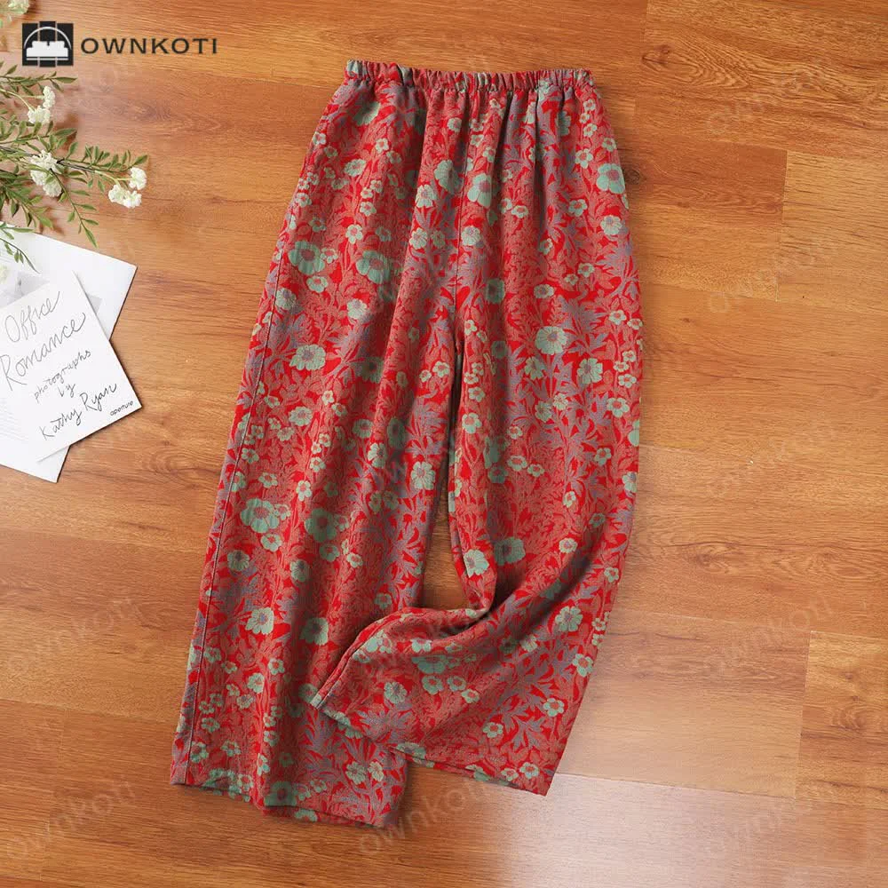 High-Quality Ownkoti Jacquard Retro Floral Cotton Gauze Pajama Pants Eco-Friendly