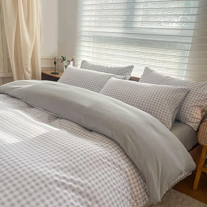 Detailed NSNLGSGC King Size Comforter Set Light Gray Gingham Bedding Comforter Sets GaryGrid Bed Comforter 3 Pieces 1 Comforter 2 Pillowcases Advanced