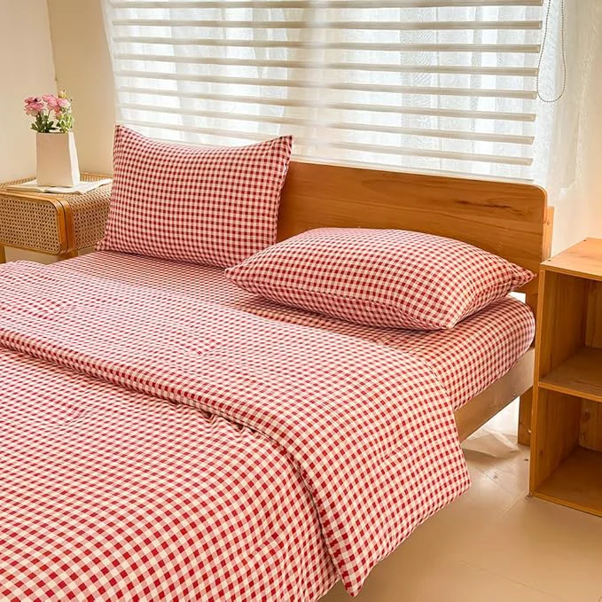 Fine Crafted NSNLGSGC Queen Comforter Set Red Gingham Bedding Comforter Sets Red Grid Bed Comforter 3 Pieces 1 Comforter 2 Pillowcases Efficient