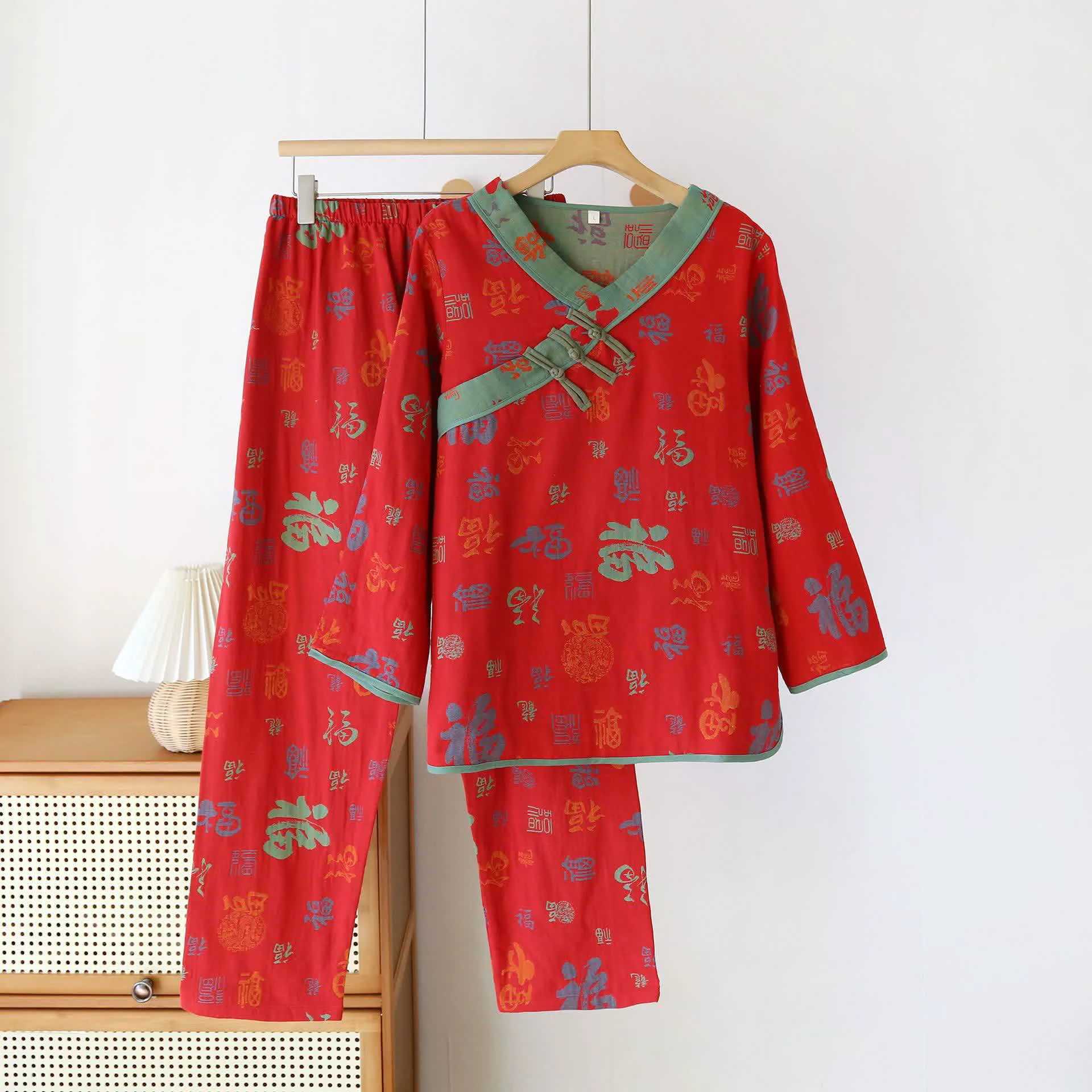 Fashionable Ownkoti V-neckline Vintage Cotton Gauze Nightwear Set Environmentally Friendly