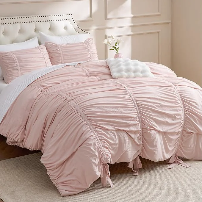 Exceptional Bedsure Ruched Comforter Set with Bow Trim Pink GentleSoft™ 3 Pieces Bow Shabby Chic Bedding Pink Room Decor Full Boho Bedding for Girls Teens Women 1 Bed Comforter 2 Pillow Shams 82x86 Inches Recyclable
