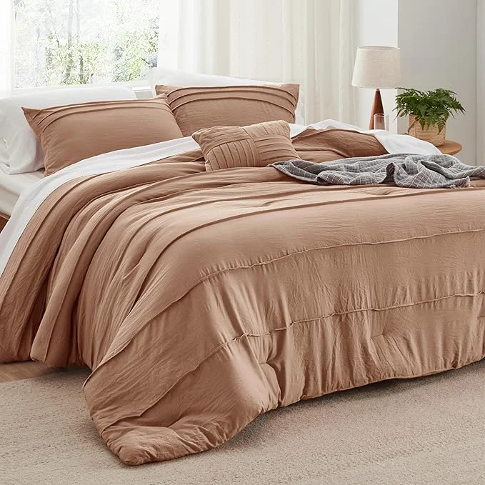 Stylish Bedsure Queen Comforter Set - 4 Pieces Pinch Pleat Bed Set Taupe Boho Bedding for All Season 1 Soft Comforter 2 Pillowcases 1 Decorative Pillow Proven