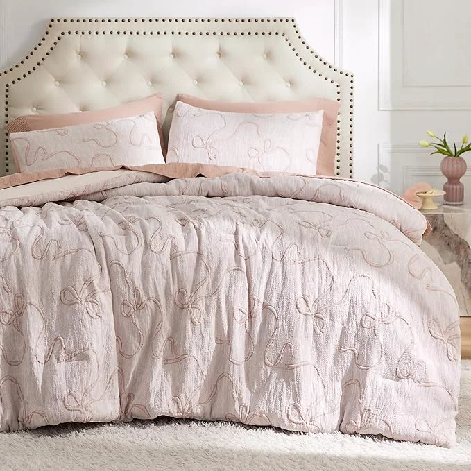 Sophisticated Bedsure Pink Comforter Set Queen GentleSoft™ 3 Pieces Breathable Bow Comforter Set Women Girls with 2 Pillow Shams Cute Queen Bedding Sets Pink Room Decor Aesthetic Bedroom Decor 90x90 Inches Unique