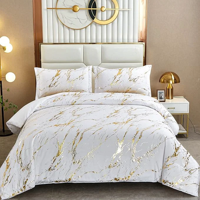 Recyclable WONGS BEDDING White Gold Metallic Marble Comforter Set Queen Foil Print Glitter Bedding Sets with 2 Pillowcases for All Seasons Soft Microfiber Filling Bedding Duvet Set 90 quot x90 quot Specialty