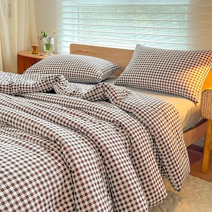 Durable NSNLGSGC King Size Comforter Set Mocha Gingham Bedding Comforter Sets Dark Brown Grid Bed Comforter 3 Pieces 1 Comforter 2 Pillowcases Reliable