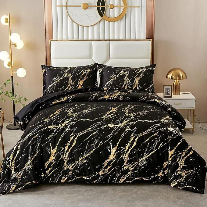 Environmentally Friendly WONGS BEDDING Black Gold Metallic Marble Comforter Set King Foil Print Glitter Bedding Sets with 2 Pillowcases for All Seasons Soft Microfiber Filling Bedding Duvet Set 103 quot x90 quot Reliable