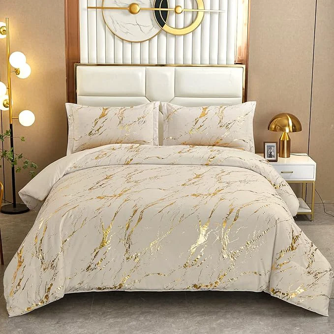 Selected WONGS BEDDING Khaki Gold Metallic Marble Comforter Set King Foil Print Glitter Bedding Sets with 2 Pillowcases for All Seasons Soft Microfiber Bedding Set 103 quot x90 quot Durable