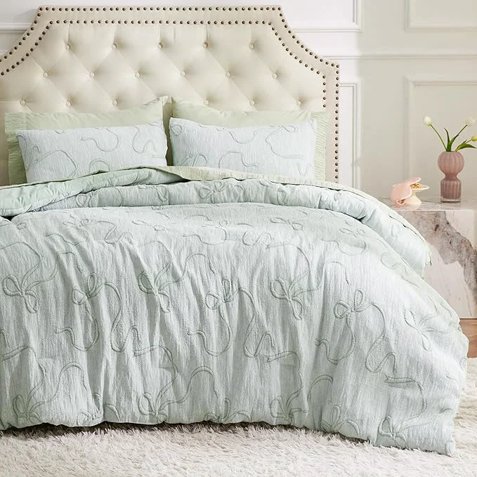 Top-Quality Bedsure Sage Green King Size Comforter Set GentleSoft™ 3 Pieces Breathable Bow Comforter Set Women with 2 Pillow Shams Cute King Bedding Set Room Decor Aesthetic Bedroom Decor 104x90 Inches Official