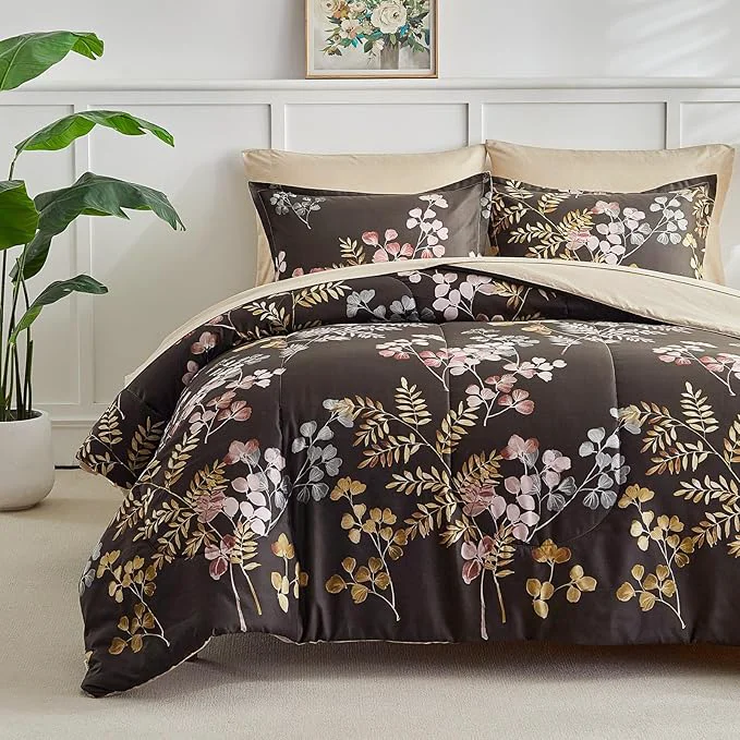 Breathable AIKASY Bed in a Bag 7 Pieces Queen Size - Floral Print - Soft Microfiber Reversible Bed Comforter Set 1 Comforter 2 Pillow Shams 1 Flat Sheet 1 Fitted Sheet 2 Pillowcases （Black Queen） Premium