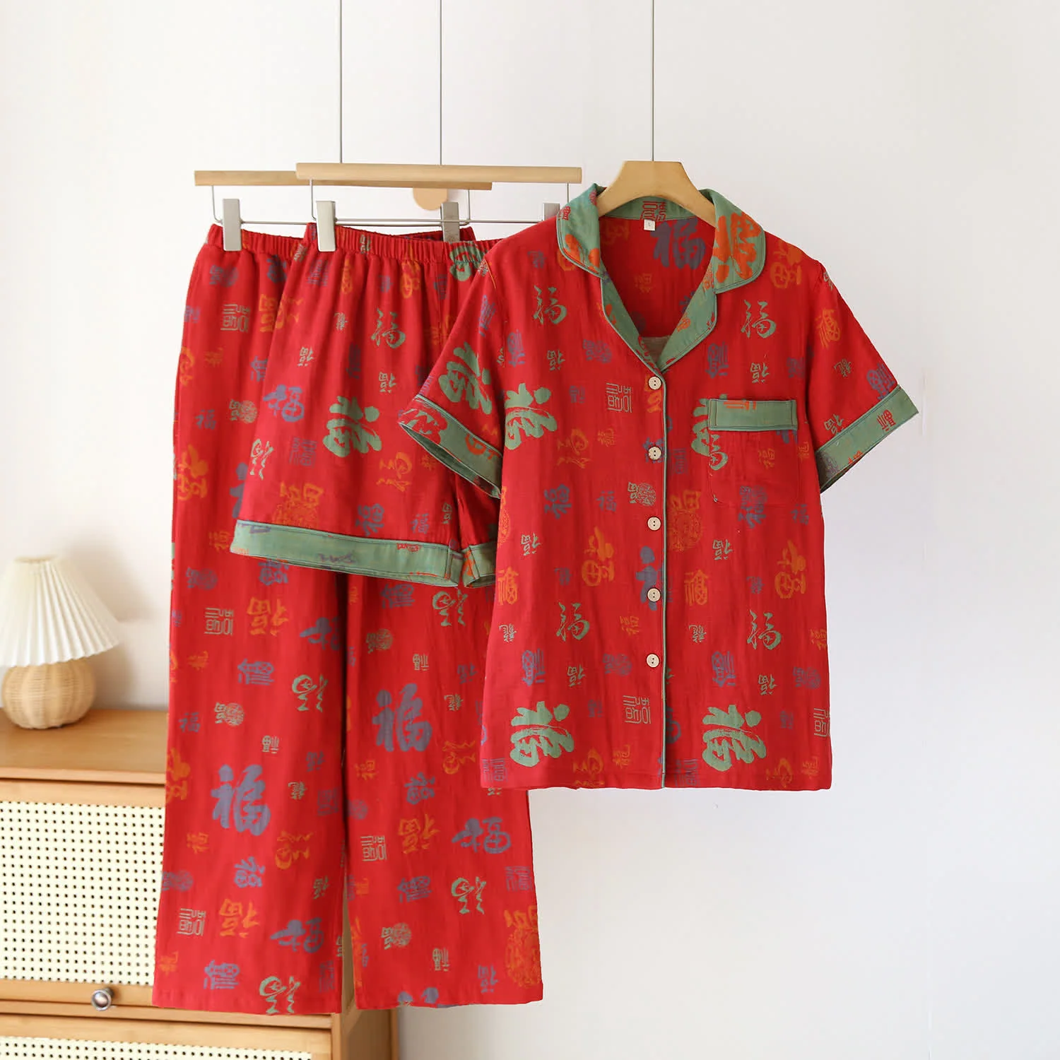 Fine Ownkoti Yarn-dyed Retro Cotton Gauze Pajama Set 3PCS Organic