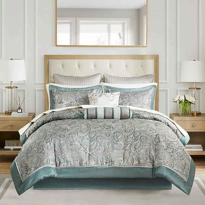 Elite Madison Park Aubrey Cozy 12 Piece Comforter Set amp Sheet Luxe Faux Silk Jacquard Paisley Design - All Season Down Bedding with Cotton Bed Sheets Bedskirt Toss Pillows Queen Teal Excellent