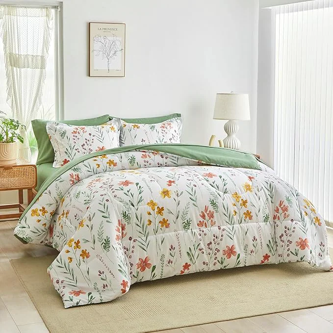 Healthy AIKASY Bed in a Bag 7 Pieces King Size - Floral Print - Soft Microfiber Reversible Bed Comforter Set 1 Comforter 2 Pillow Shams 1 Flat Sheet 1 Fitted Sheet 2 Pillowcases （White King） Relaxed