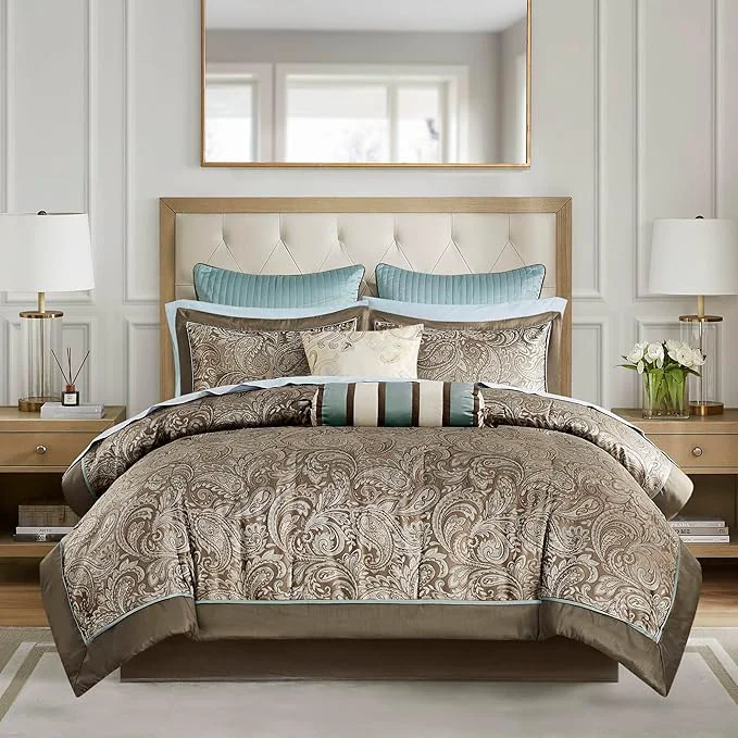 Modern Madison Park Aubrey Cozy Comforter Set Faux Silk Jacquard Paisley Design - All Season Down Bedding with Cotton Bed Sheets Bed Skirt amp Toss Pillows Full Blue 12 Piece Powerful