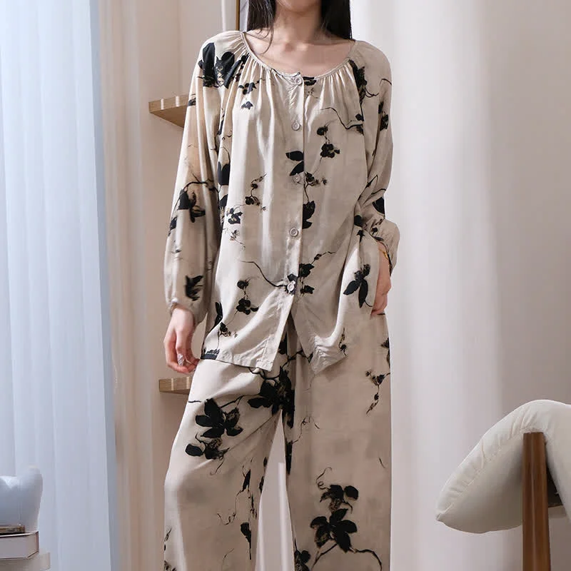 Solid Ownkoti Vintage Flower Long Sleeve Loungewear Set Convenient
