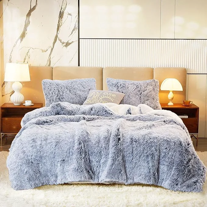 Optimized Luxury Faux Fur Shaggy Comforter Set Twin Size Plush amp Sherpa Reversible Comforter Grey with White 3 Pieces Fluffy Fuzzy Bedding Set Ultra Soft and Warm for Winter 1 Comforter 2 Pillowcases High-End