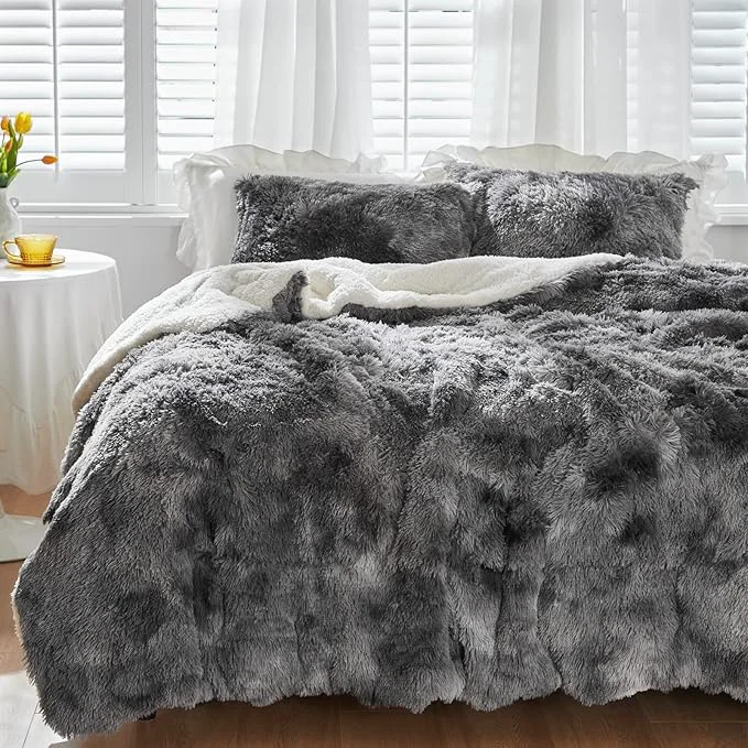 Durable Luxury Faux Fur Shaggy Comforter Set King Size Plush amp Sherpa Reversible Comforter Tie Dye Black 3 Pieces Fluffy Fuzzy Bedding Set Ultra Soft and Warm for Winter 1 Comforter 2 Pillowcases Quality