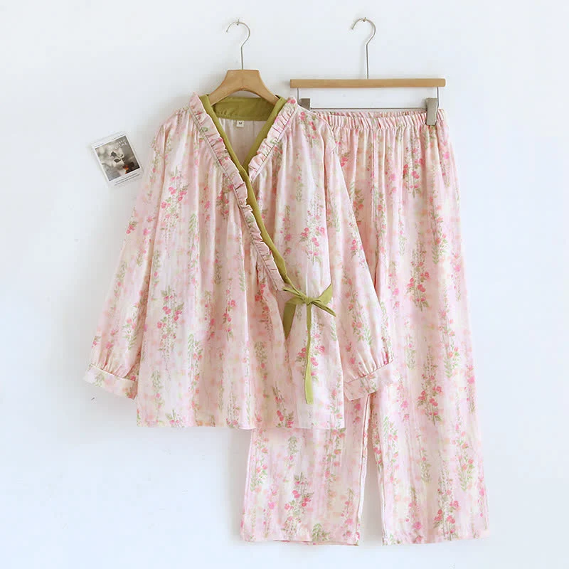 Next-Generation Rose Print Cotton Gauze Asymmetric Front Pink Loungewear Set​ Relaxed