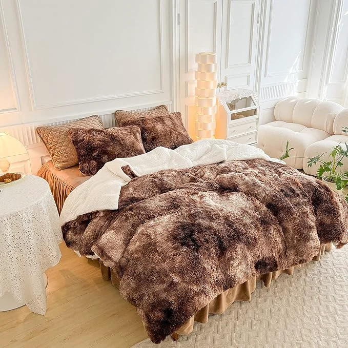 Trendy Luxury Faux Fur Shaggy Comforter Set Twin Size Plush amp Sherpa Reversible Comforter Tie Dye Coffee 3 Pieces Fluffy Fuzzy Bedding Set Ultra Soft and Warm for Winter 1 Comforter 2 Pillowcases Professional