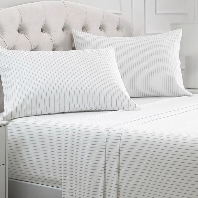 Fine Crafted Mellanni Queen Sheets Set - 4 PC Iconic Collection Bedding - Hotel Luxury Extra Soft Cooling Bed Sheets - Wrinkle Fade Stain Resistant Queen Pinstripe Gray Lightweight