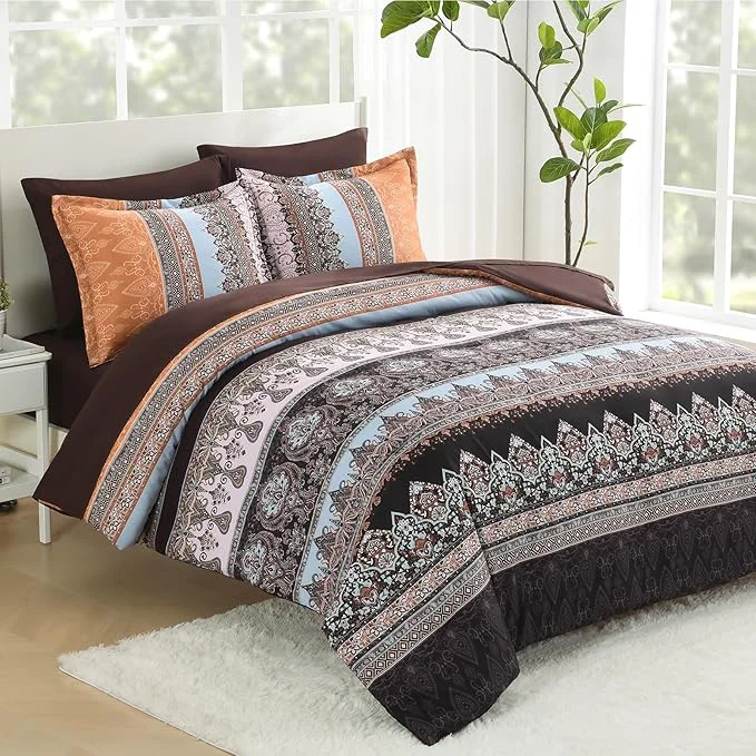 Convenient Boho King Size Comforter Set - 7 Pieces Bed in a Bag Bohemian Striped Comforter Set with Sheets Soft Microfiber Brown Floral Bedding Sets for All Seasons Brown King Refined