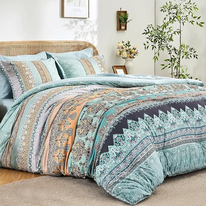Versatile Boho Comforter Set King Size Sage Green - 7 Pieces Bohemian Floral Striped Comforter and Sheet Set Soft Bed in a Bag Complete Bedding Sets King Size for All Season Sage Green King Classic
