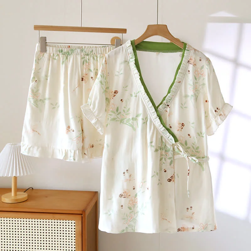 Classic Ownkoti Floral Leaf Short Sleeve Cotton Loungewear Excellent