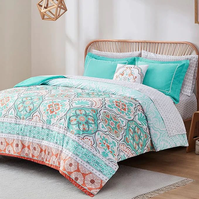 Solid Degrees of Comfort Full Size Comforter Sets with Sheets Floral Aqua Boho Complete Bedding Set for Teen Girls Microfiber 8 Piece Bed in a Bag with Side Pockets Matching Decorative Pillow Modern
