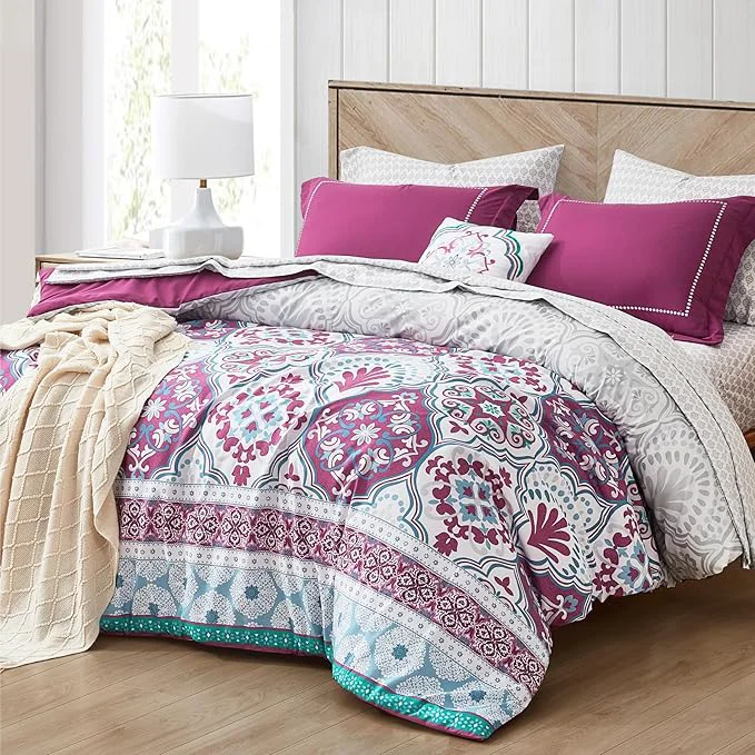 Sustainable Degrees of Comfort Twin Complete Comforter Sets Lattice Boho Bed in A Bag Microfiber Bedding Set with Side Pockets Matching Decorative Pillow 6 Piece Purple Crafted