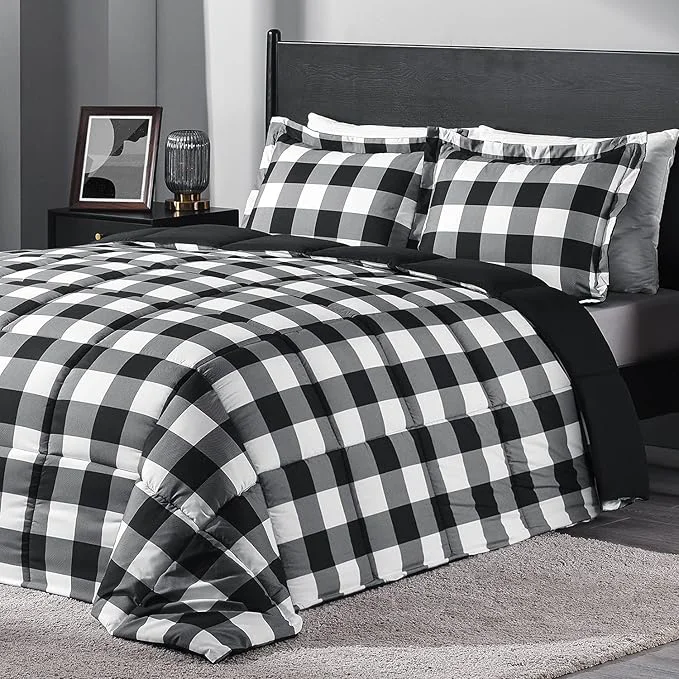 Optimized downluxe Lightweight Plaid Comforter Set Queen with 2 Pillow Shams - 3-Piece Set - Black White Plaid - Down Reversible Comforter High-End