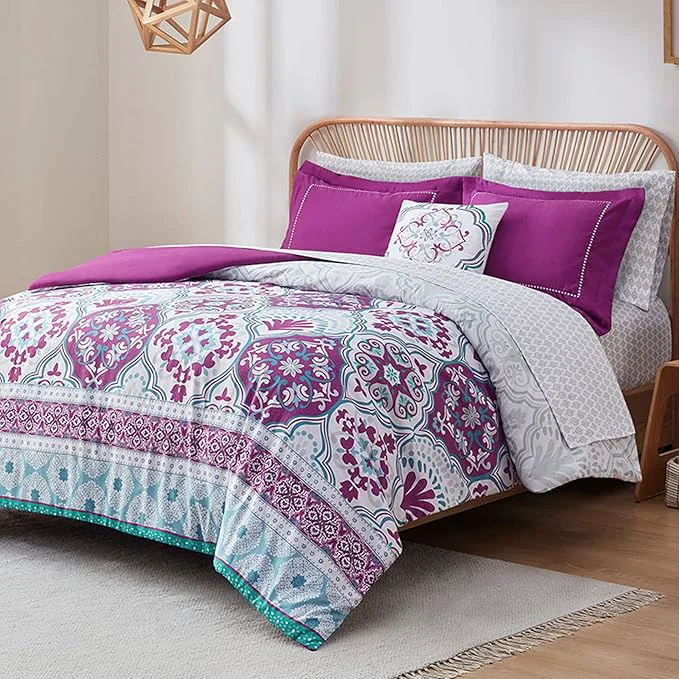 Luxury Degrees of Comfort Purple Comforter Set Queen Boho Bedding Sets with Sheets Bohemian Microfibe Bed in A Bag with Side Pockets Matching Decorative Pillow 8 Piece Superior