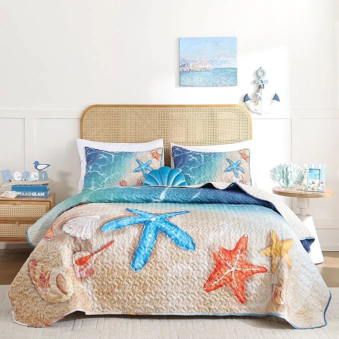 Detailed weigelia Coastal Quilt Set King Size – 3 Piece Lightweight Beach Themed Bedding Soft amp Breathable Polyester Coverlet All Season Quilts amp Bedspread for Bedroom Décor Pure