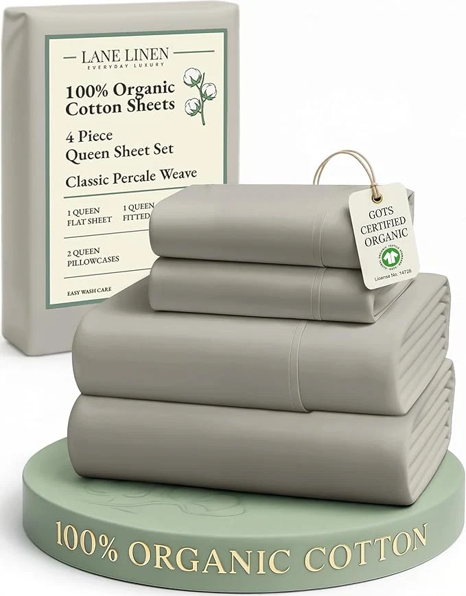 Easy-to-Use LANE LINEN Organic Cotton Mercerized Queen Sheets Soft amp Comfy Naturally Cooling Cotton Sheets Queen Size Set Classic Percale Weave Low Pill Fade Resistant Queen Bed Sheets- Silver Healthy