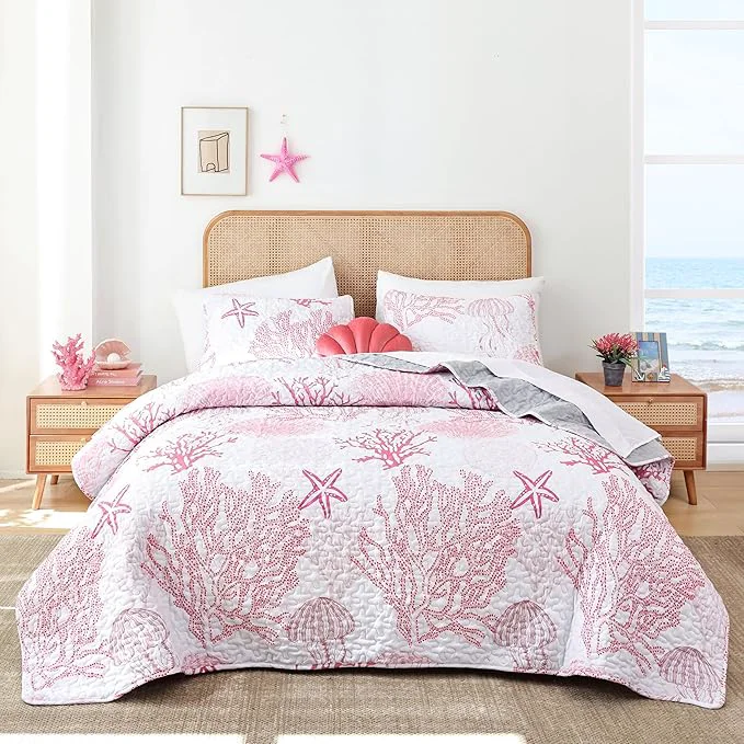 Pure weigelia Coastal Quilts Bedding Set Twin Size - Pink Summer Nautical Bedding Quilt with Pillow Cases Beach Reversible Quilt Set Bedspreads Coverlet Soft Lightweight Comforter Healthy