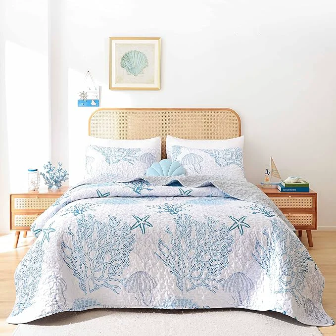 Smooth weigelia Coastal Quilts Bedding Set Queen Size - Blue Summer Nautical Bedding Quilt with Pillow Cases Beach Reversible Quilt Set Bedspreads Coverlet Soft Lightweight Comforter Versatile