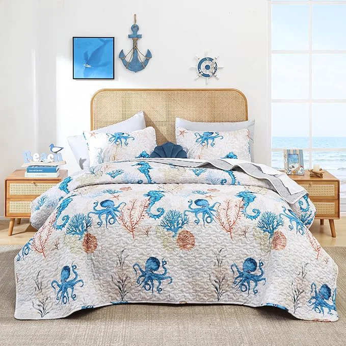 Crafted weigelia Coastal Quilts Bedding Set Queen Size - Summer Nautical Bedding Quilt with Pillow Cases Beach Reversible Quilt Set Ocean Blue Seahorse Bedspreads Coverlet Soft Lightweight Comforter Easy-to-Use