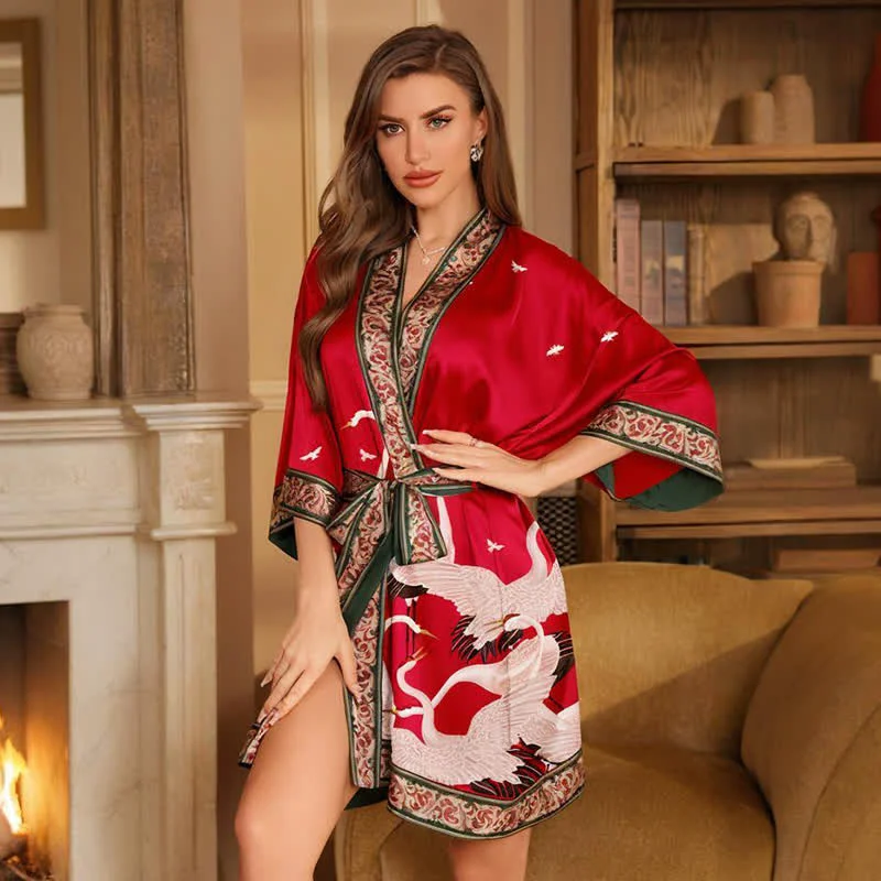 Effective Ownkoti Crane Print Short Kimono Bathrobe User-Friendly