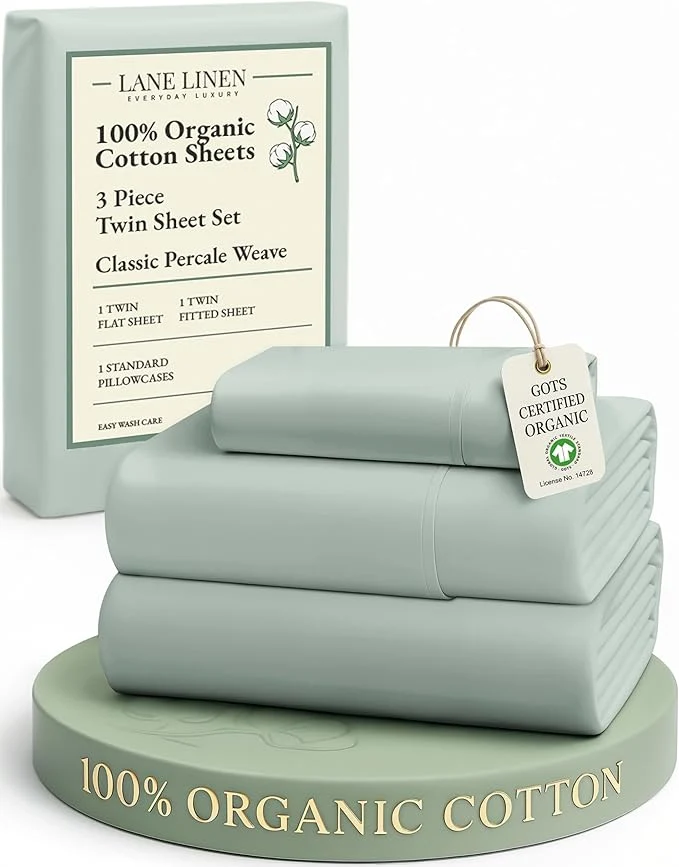 Elegant LANE LINEN Organic Cotton Twin Bed Sheet Set Soft amp Comfy Low Pill Fade Resistant Machine Wash Reinforsed French Seam Sustainably Produced Eco Friendly Sábanas Twin- Cool Blue Luxury