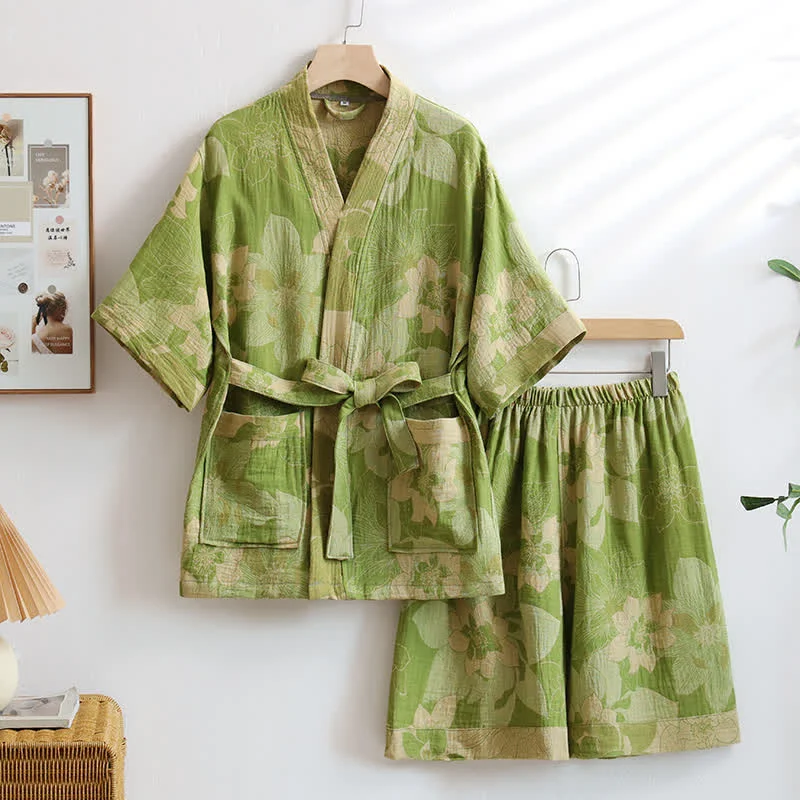 Durable Ownkoti Unisex Hibiscus Cotton Kimono Loungewear Set Contemporary