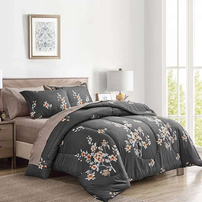 Exceptional 7 Pieces Bed in a Bag Queen Comforter Set with Sheets Dark Grey Floral Design Soft Microfiber Bedding Sets for All Season 1 Comforter 2 Pillow Shams 1 Flat Sheet 1 Fitted Sheet 2 Pillowcases First-Class