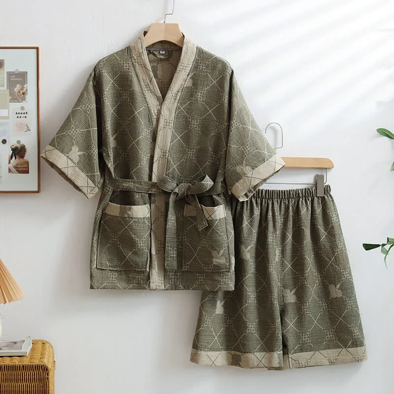 Trendy Ownkoti Unisex Green Grid Cotton Kimono Loungewear Prestigious