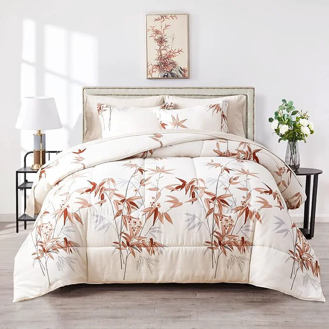 Quality 6 Pieces Bed in a Bag Twin Comforter Set with Sheets Burnt Orange Leaves on White Botanical Bedding Sets for Kids 1 Comforter 2 Pillow Shams 1 Flat Sheet 1 Fitted Sheet 1 Pillowcases Superior