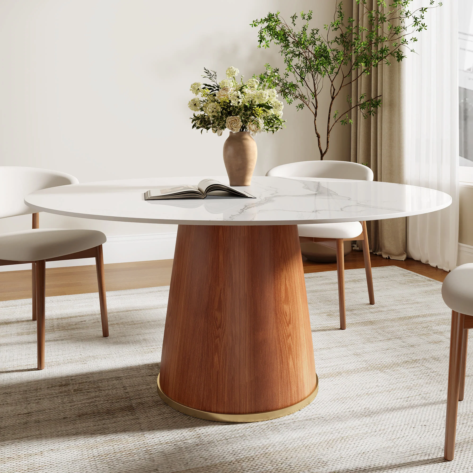 Elegant Ownkoti Round Dining Table With Solid Wood Bucket Base For 4-8 People Carefully Designed