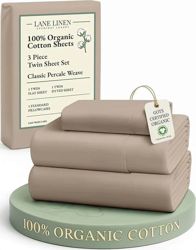 Quality LANE LINEN Organic Cotton Sheets Set Pure Long- Staple Percale Weave - Bedding for Bed Fits Mattress Upto 15in Deep Pocket Twin Taupe Refined