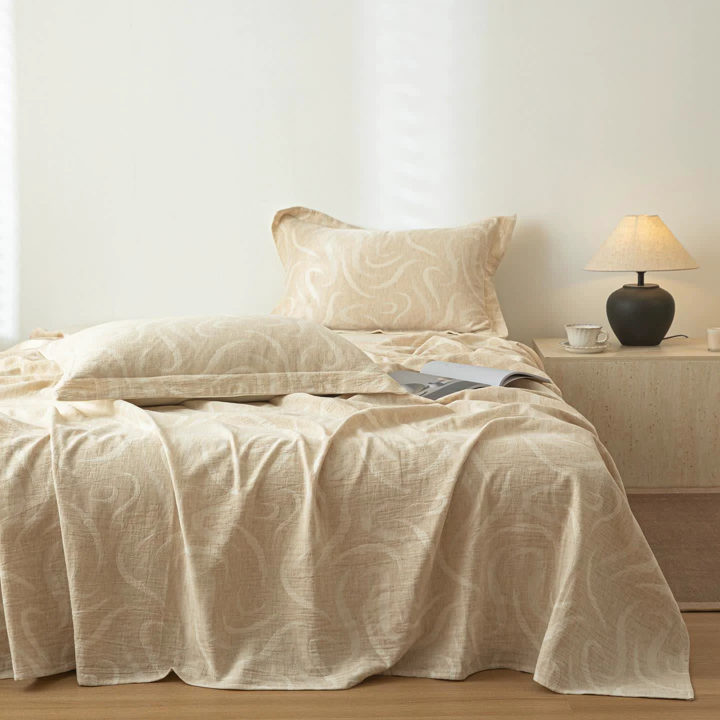 High-Quality Ownkoti Beige Curve Textured Cotton Linen Bedspread Fast
