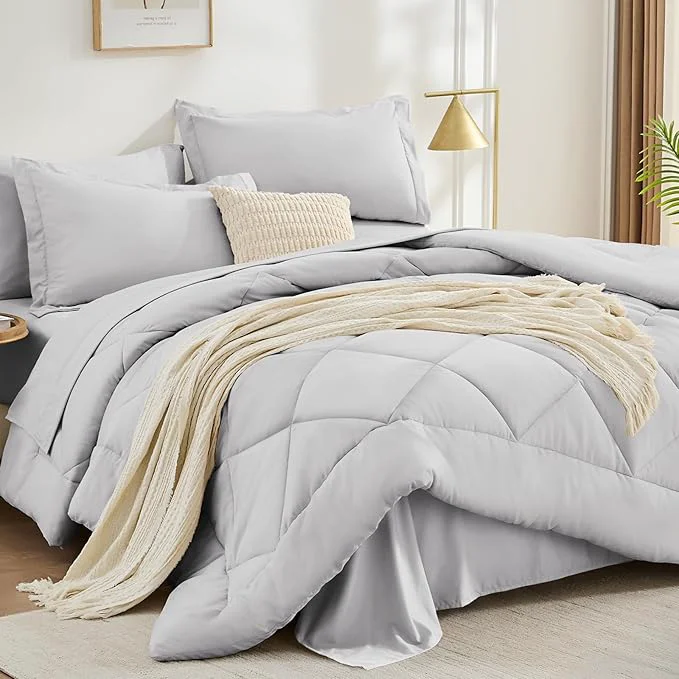 Premium Material FUANNA 7 Pieces King Size Comforter Set All Season Bed in a Bag King Size Luxury Soft Bedding Sets with Comforter Flat Sheet Fitted Sheet Pillowcases amp Pillow Shams Light Grey Advanced